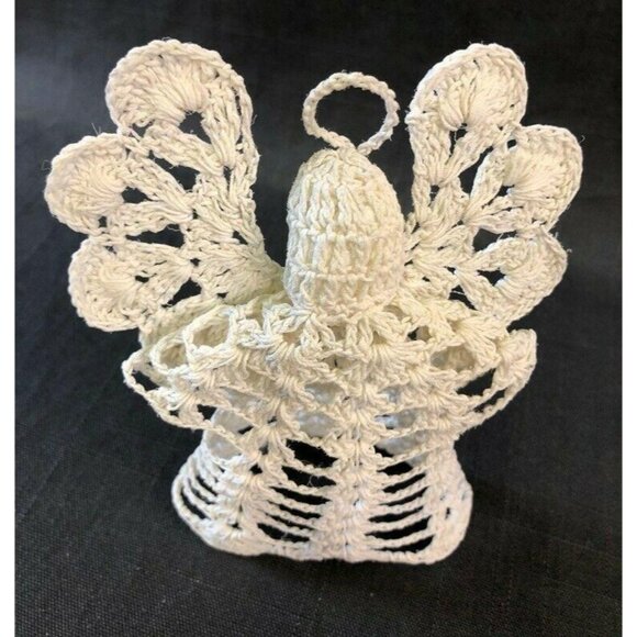 Angel Ornaments 2 Vintage Crochet Handcrafted Christmas Starched White Wings - Picture 10 of 10